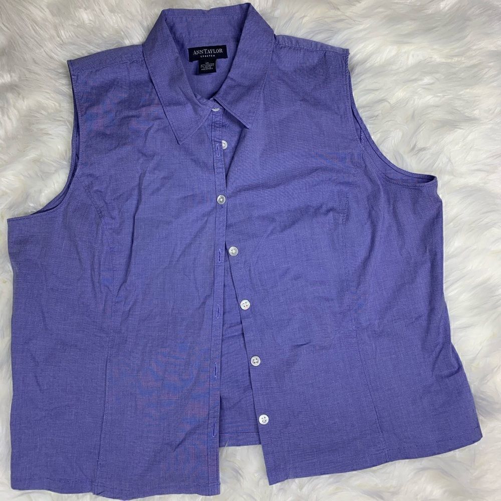 Ann Taylor Stretch~Women's Sleeveless~Blue~Button-Down Shirt~Size 14‎